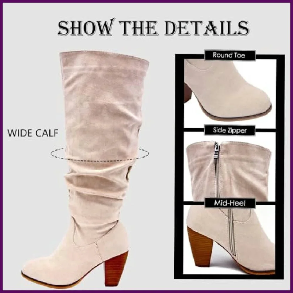 Extra Wide Calf Knee High Boots, Chunky Heel Pointed Toe Side Zipper - Picture 6 of 8